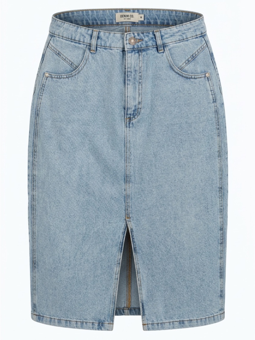 RESERVED Light Wash Denim Midi Skirt with Front Slit
